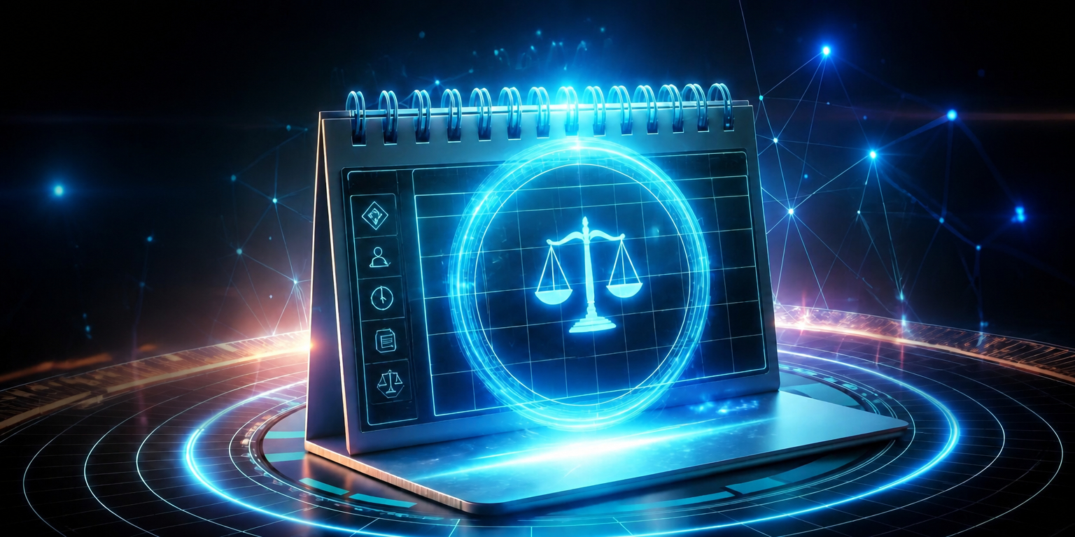 Digital calendar with a justice scales icon representing automated court reminders
