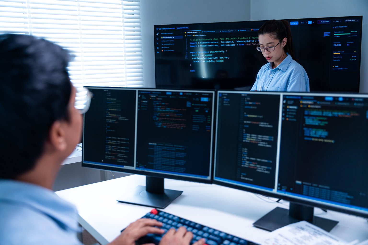 Staff working on multiple monitors in a modern office