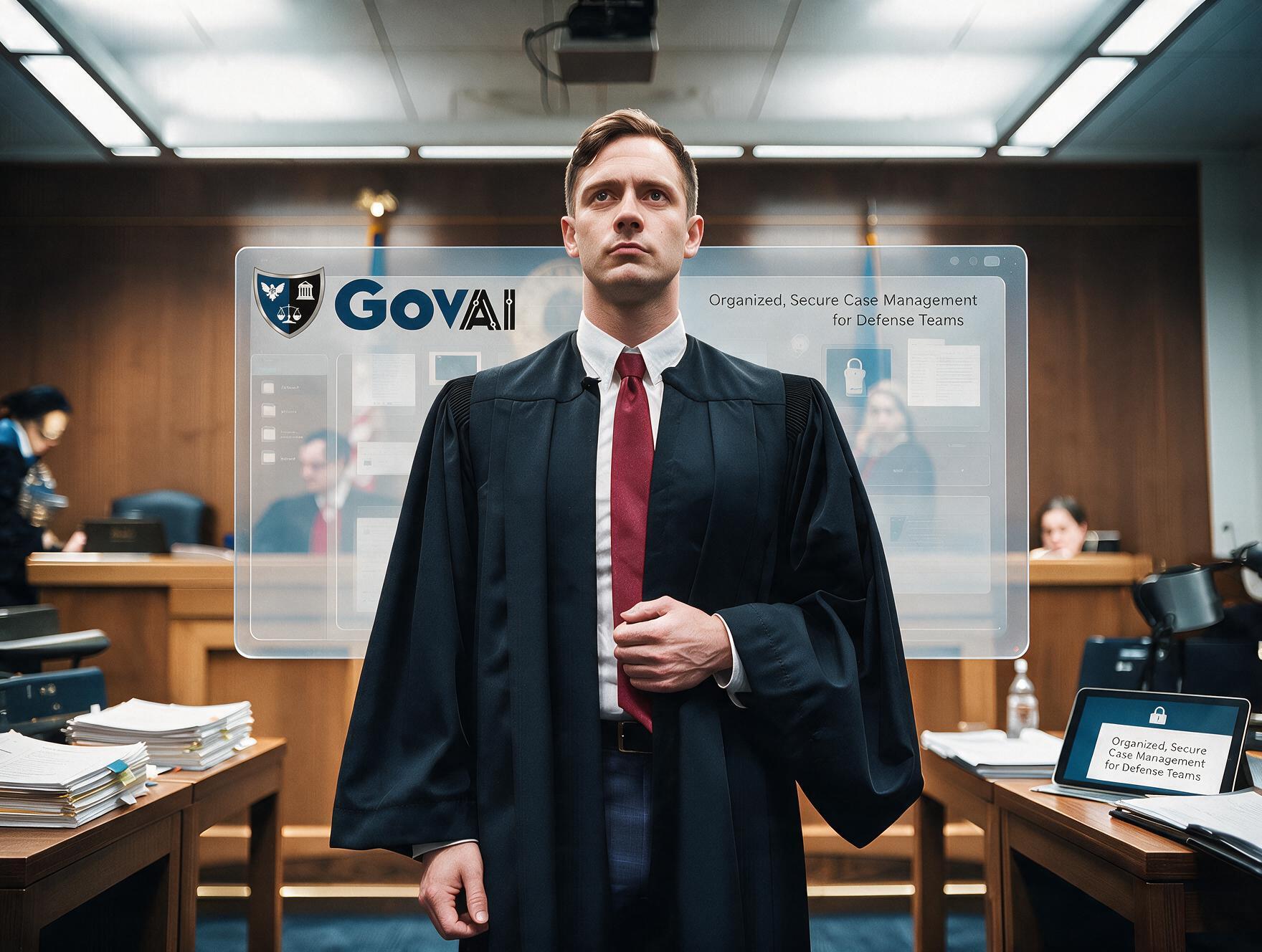 Courtroom professional in front of a GovAI case management display